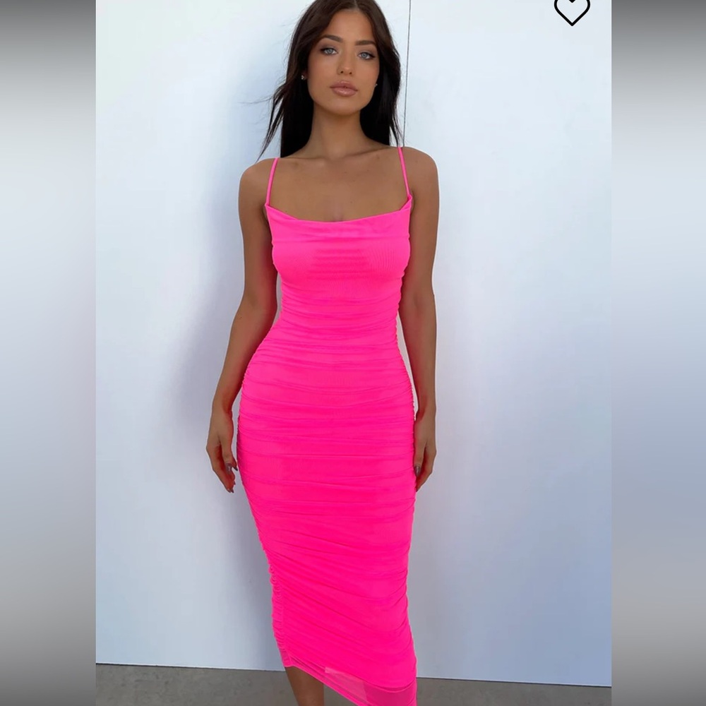 Neon Pink ruched midi dress